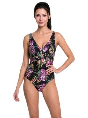 Aqua Green Black Floral Wrap-Front  One Piece Swimsuit Size 10